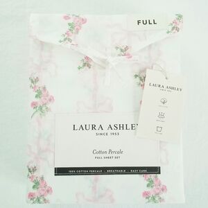 Laura Ashley Shabby Pink Roses And Bows Cotton Percale Sheet Set FULL NWT
